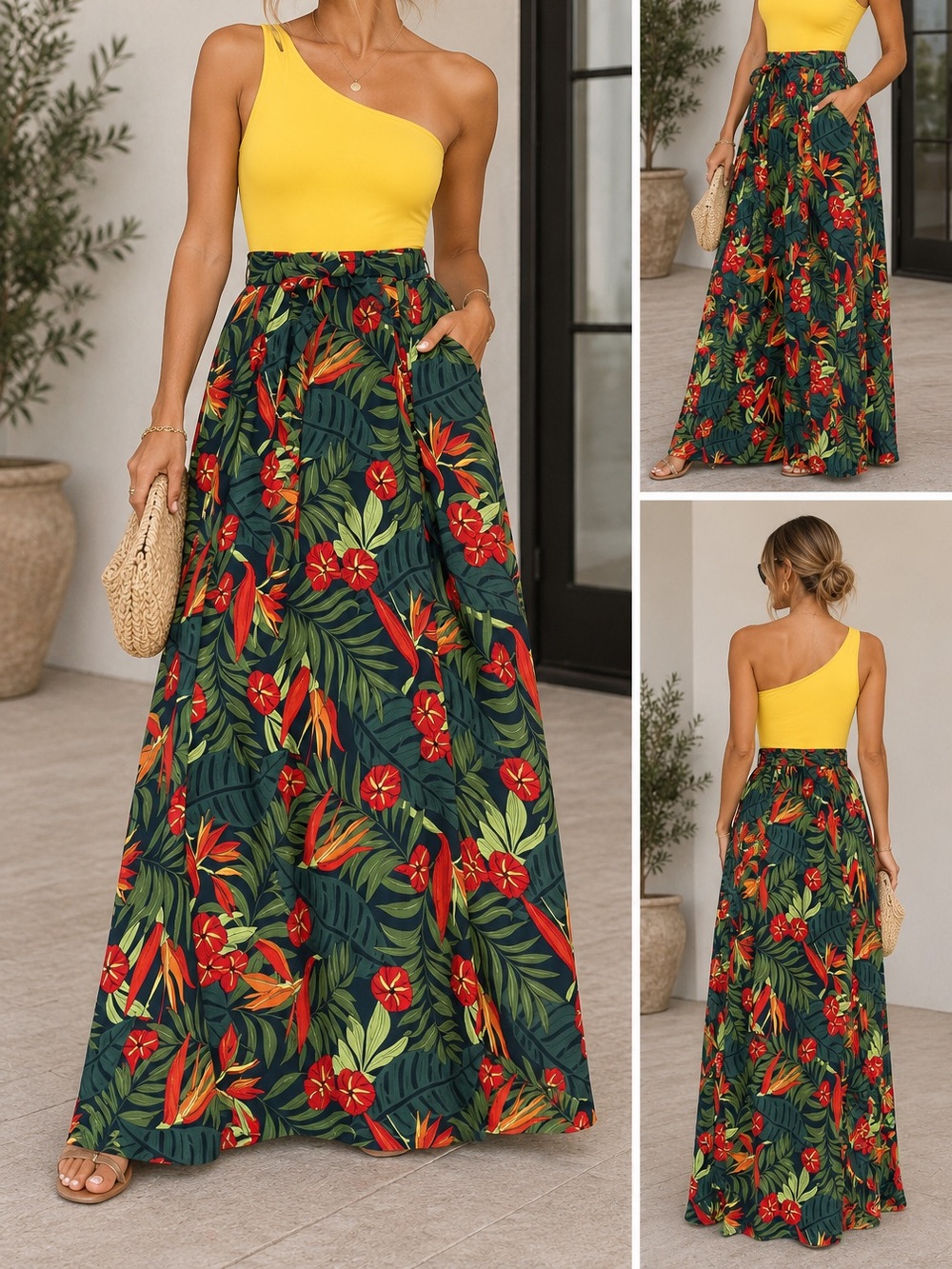 Molly bracken Tropical Floral Maxi Skirt - Green with Red Floral